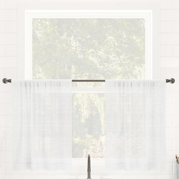 CLEAN WINDOW Aya Textured Slub Stripe Linen Blend 52 in. W x 24 in. L Sheer Rod Pocket Kitchen Curtain Tier Pair in White