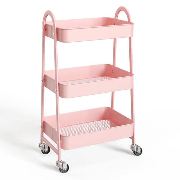 Otryad Metal Utility Storage Organizer Kitchen Trolley Bathroom Laundry Room Bar Office Shelves in Pink