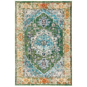 Monaco Green/Turquoise 5 ft. x 8 ft. Border Floral Area Rug