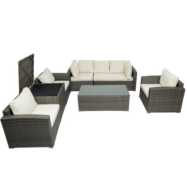 Wateday Grey 7-Piece Wicker Outdoor Patio Conversation Set with Beige ...