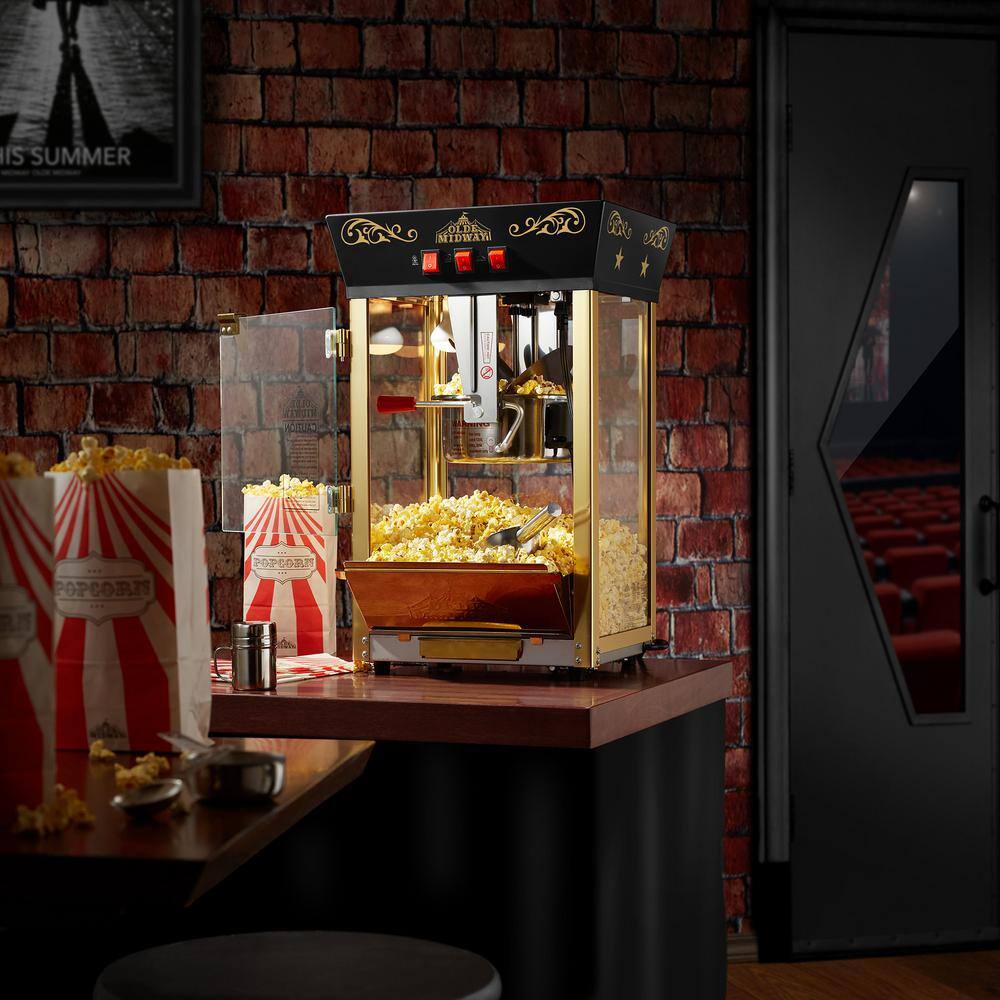 Olde Midway Black and Gold Vintage-Style Popcorn Machine with 8 oz Kettle