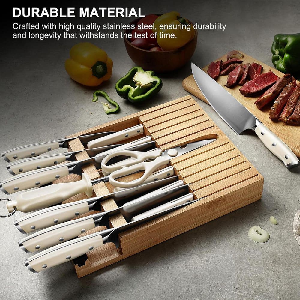 11-Knife In-Drawer High Carbon Stainless Steel Knife Storage Set with Wooden Block and Cutting Board, White
