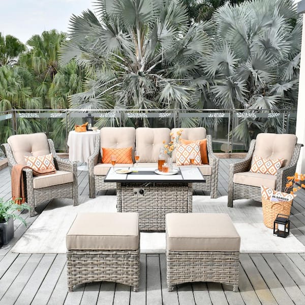 HOOOWOOO Verona Grey 6-Piece Wicker Outdoor Patio Conversation Sofa Seating Set with a Rectangle Fire Pit and Beige Cushions