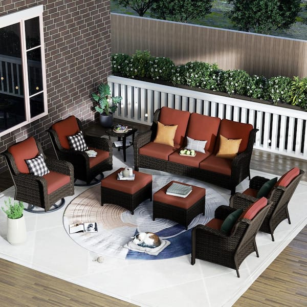 XIZZI Erie Lake Brown 8-Piece Wicker Patio Conversation Seating Sofa Set with Orange Red Cushions and Swivel Rocking Chairs