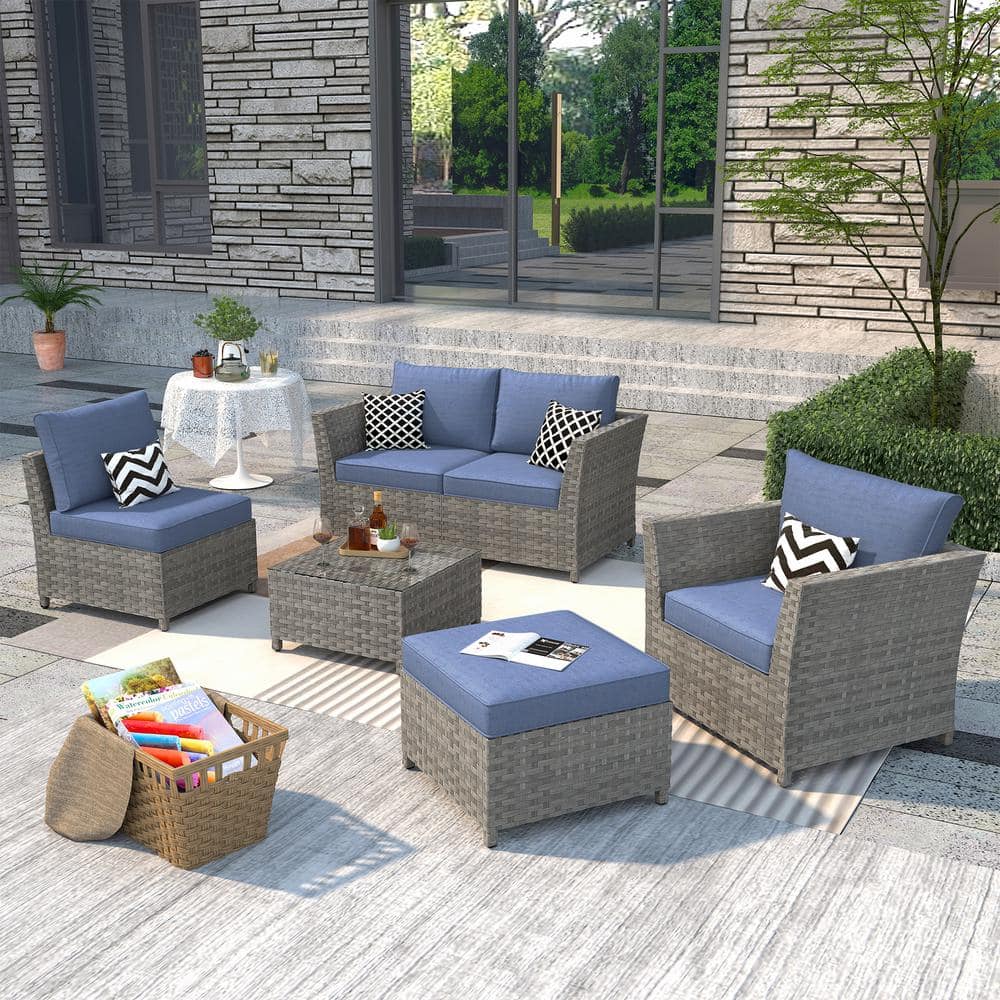 Bexley Gray 6-Piece Wicker Patio Conversation Seating Set with Denim Blue Cushions price history on PriceWatchPro