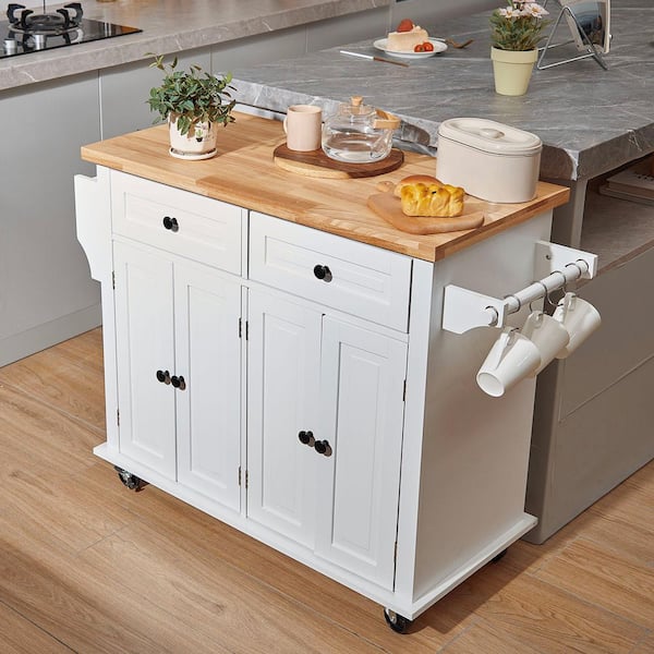 Kitchen Island Cart with Solid Natural Wood Top, 35.4 in. W Mobile Carts with Storage Cabinet, Rolling, White