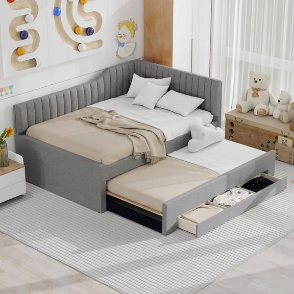 Gray Full Size Upholstered Daybed with Trundle and 3-Drawers
