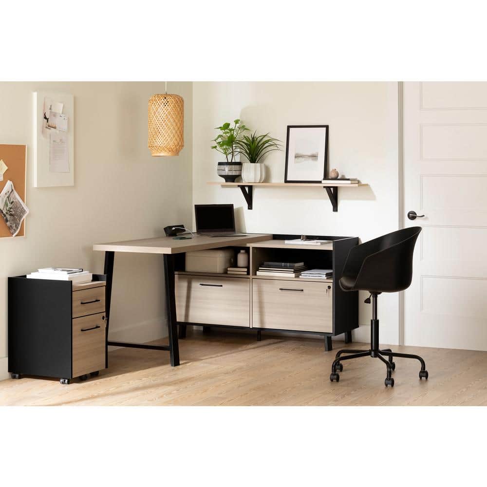 Soft Elm and Matte Black L-Shaped Computer Desk with Power Outlet