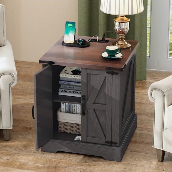 Unbranded 19.6 in. Gray Square Wood End Table with Charging Station and Barn Doors Nightstand Sofa Side Table Bedside Cabinet