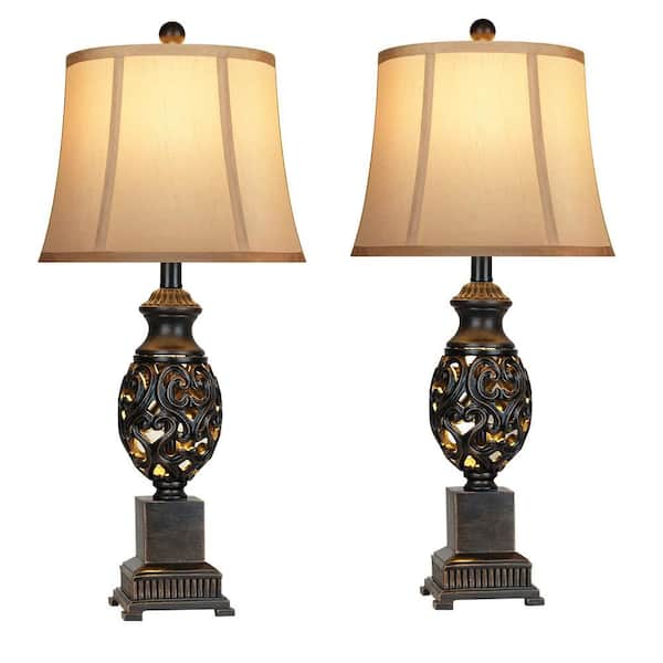 Rottogoon 28 in. Black Tall Bedside Lamp with Night Light Vintage Bronze Table Lamp with Faux Silk Shade for Living Room End Table
