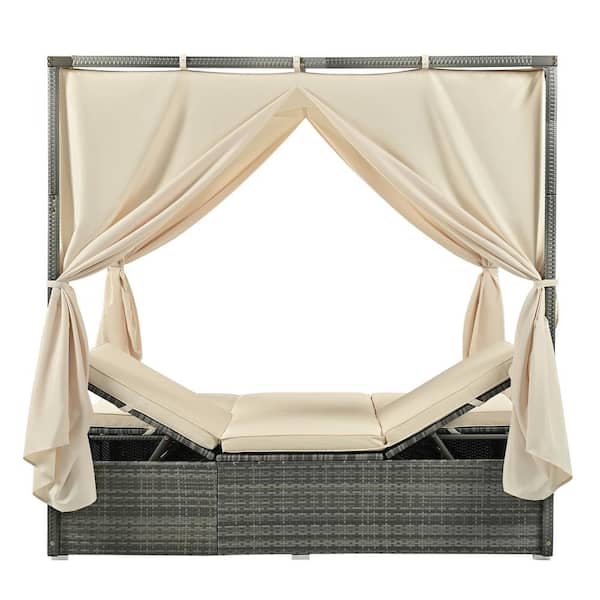 Unbranded Outdoor Daybed with Canopy, Metal Outdoor Adjustable Day Bed with Curtain and Beige Cushions Balcony Garden Backyard