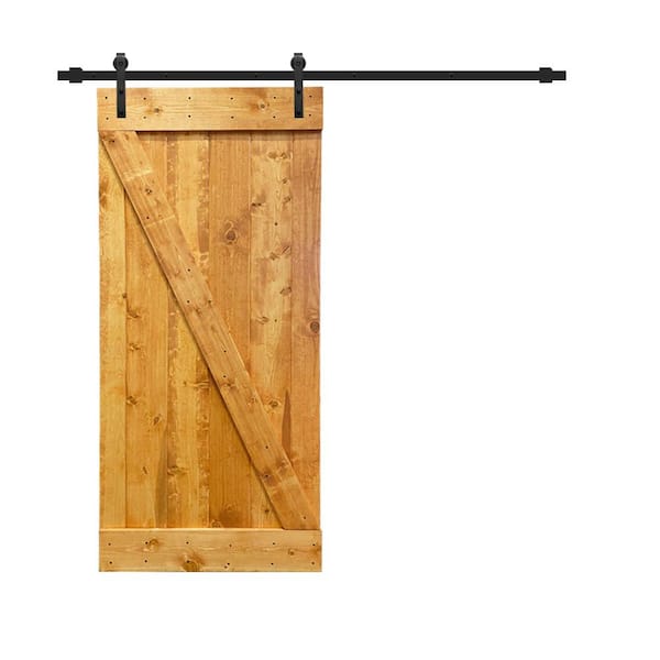 CALHOME 24 in. x 84 in. Z Bar Colonial Maple Stained Solid Knotty Pine Wood Interior Sliding Barn Door with Sliding Hardware Kit