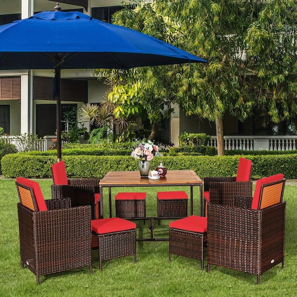 9-piece garden rattan dining table set chair Wood table top red