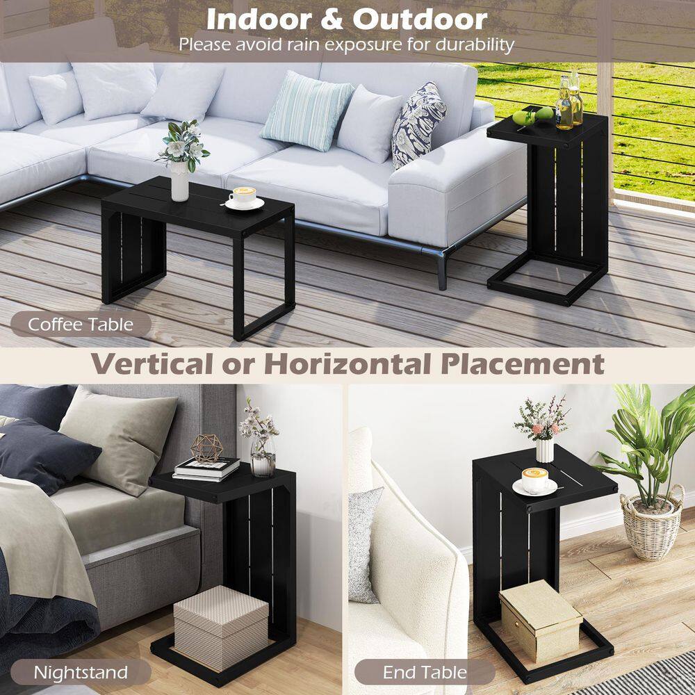 Collage showing the black end table used as a coffee table, nightstand, and end table.