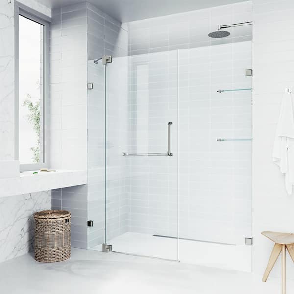 VIGO Pirouette 48 to 54 in. W x 72 in. H Pivot Frameless Shower Door in Brushed Nickel with 3/8 in. (10mm) Clear Glass
