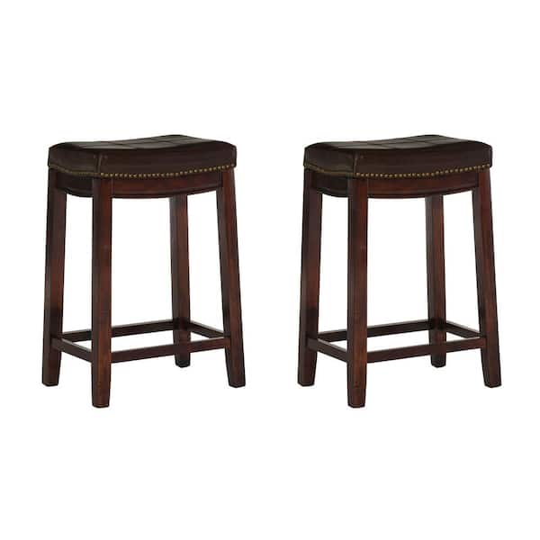 Linon Home Decor Concord 26.5 in. Brown Backless Wood Counter Stool with Brown Faux Leather Seat Set of 2