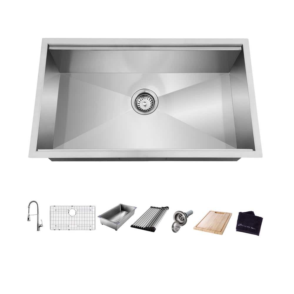 Zero Radius 27 in. Undermount Single Bowl 18 Gauge Stainless Steel Workstation Kitchen Sink with Spring Neck Faucet