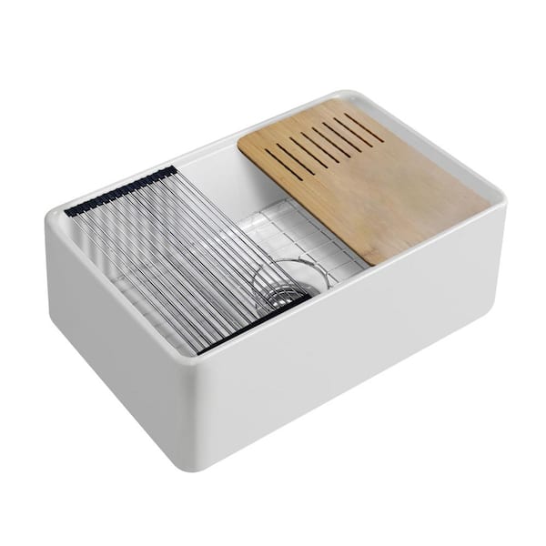 Unbranded 30 in Farmhouse/Apron Front Single Bowl White Fireclay Workstation Kitchen Sink with Accessories