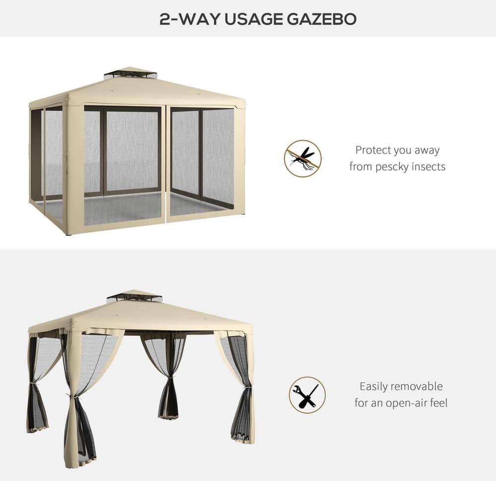Taupe 10x12 Patio Gazebo with 2-Tier Roof and Netting