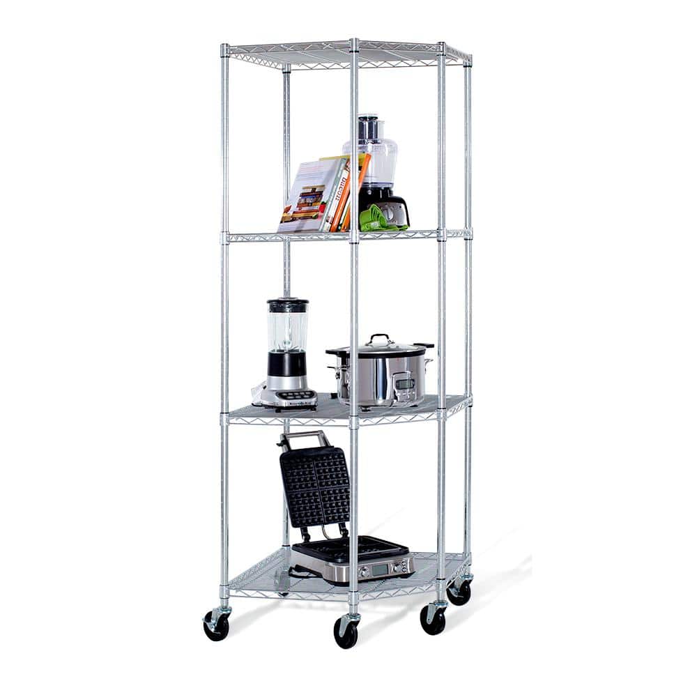 Adjustable Gray Steel 4-Tier Corner Shelving Unit with Wheels