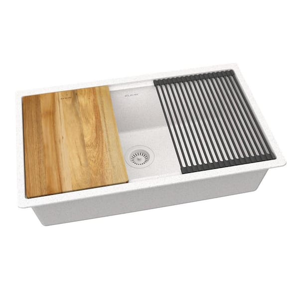 Elkay Quartz Classic 33 in. x 22 in. x 9-1/2 in. Single Bowl Undermount Workstation Sink 4-Pieces Kit White