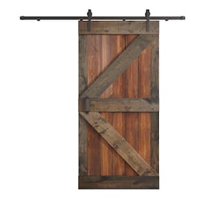 K Series 42 in. x 84 in. Dark Walnut/Aged Barrel Knotty Pine Wood Sliding Barn Door with Hardware Kit