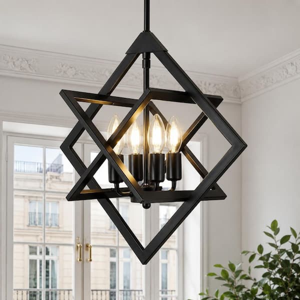 YANSUN 18 in. 4-Light Black Farmhouse Chandelier, Geometric