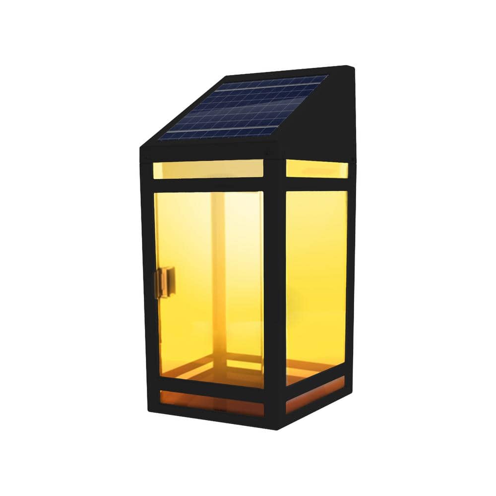 Black Solar Powered Wall Lantern with Clear and Amber Panels