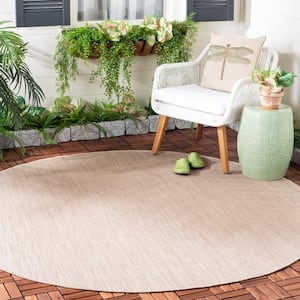 Beach House Beige 4 ft. x 4 ft. Solid Striped Indoor/Outdoor Patio  Round Area Rug