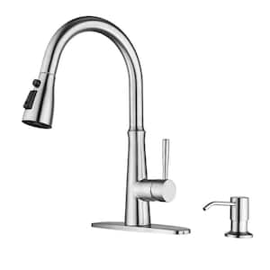 Single Handle Stainless Steel Pull Down Sprayer Kitchen Faucet with Soap Dispenser in Brushed Nickel