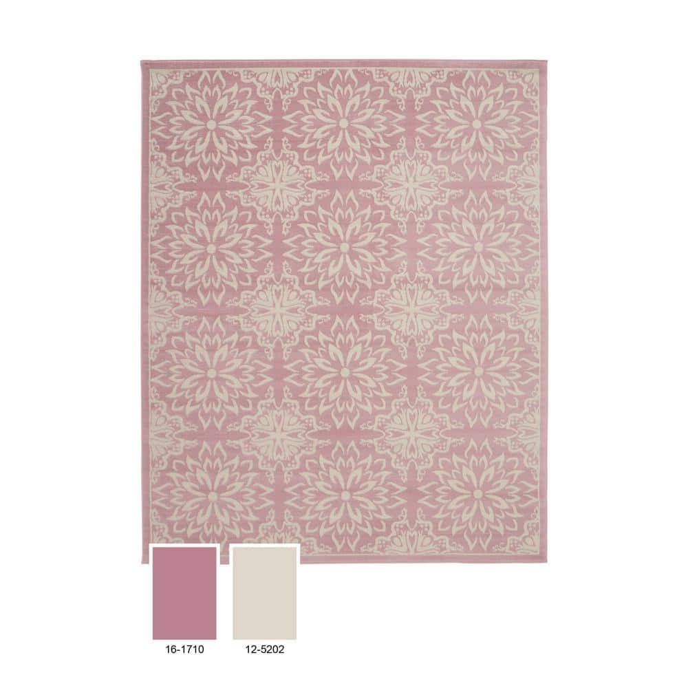 Ivory and Pink Floral Synthetic 8' x 10' Rectangular Rug