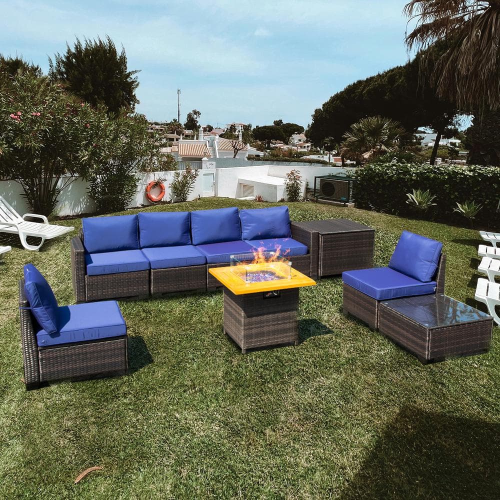 8-Piece PE Rattan Wicker Patio Conversation Set with Blue Cushions and 28 i
