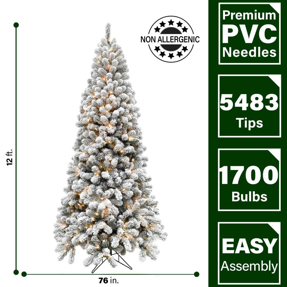 12-Ft White Flocked Pine Christmas Tree with Warm LED Lights