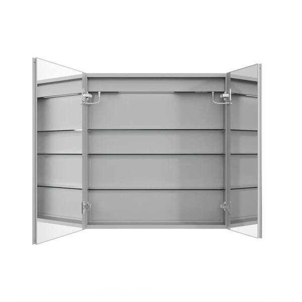 WELLFOR 30 in. W x 32 in. H Rectangular Silver Aluminum Recessed/Surface Mount Medicine Cabinet with Mirror LED and Clock