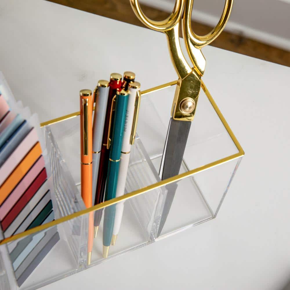 Clear Plastic 4 Compartment Pen Holder with Gold Trim