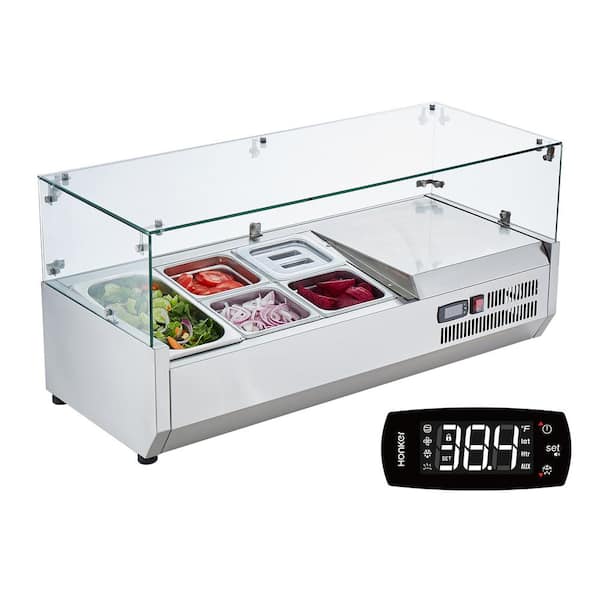 VEVOR Refrigerated Condiment Prep Station 130 W Countertop with 1 1/3 Pan & 4 1/6 Pans 304 Stainless Body and PC Lid