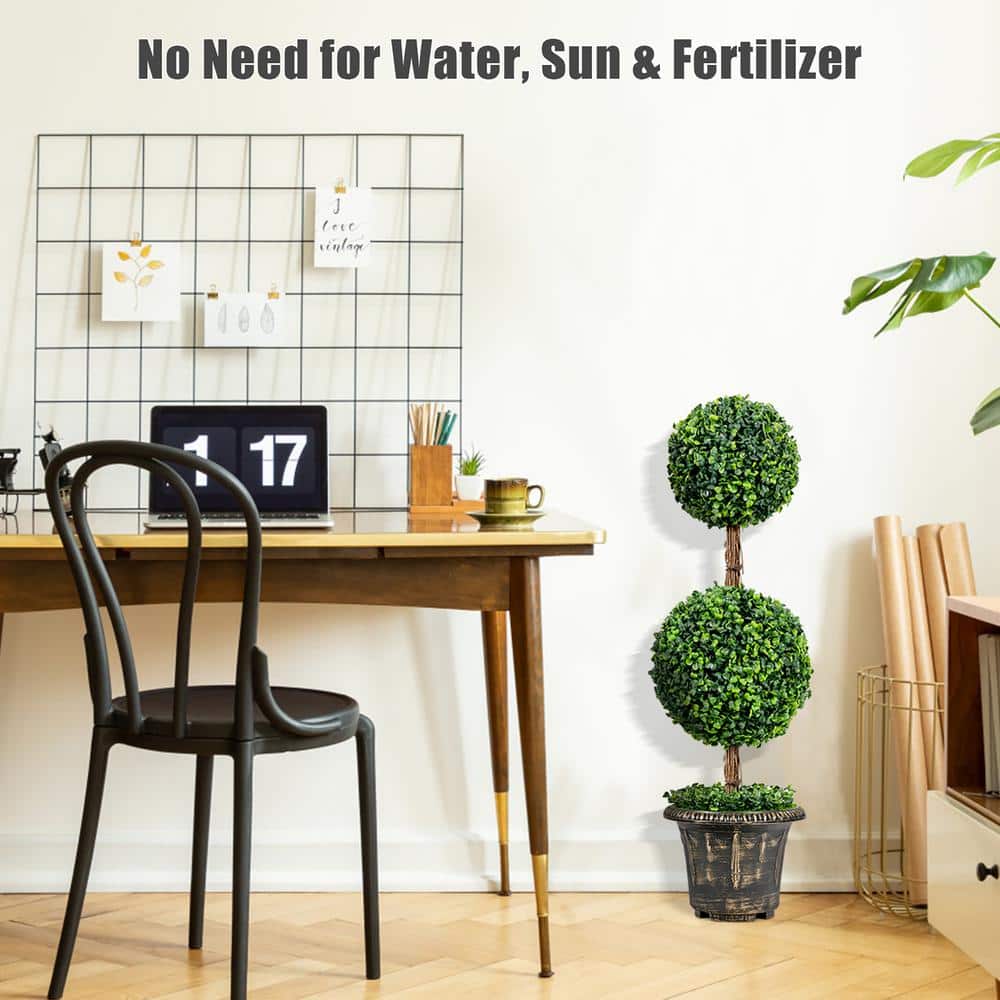 36'' Green Plastic Double Ball Topiary in Cement Pot