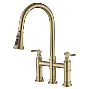 Traditional Double Handle Bridge Kitchen Faucet with Pull out Spray Wand in Brushed Gold