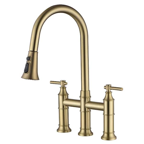 SUMERAIN Traditional Double Handle Bridge Kitchen Faucet with Pull out Spray Wand in Brushed Gold