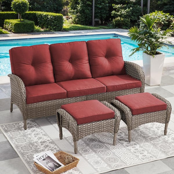 Gymojoy Carlos 3-Piece Gray Wicker Outdoor Sofa set Patio Sectional Couch with Red Cushions and Ottomans