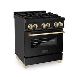 Autograph Edition 30 in. 4 Burner Dual Fuel Range in Black Stainless Steel and Polished Gold