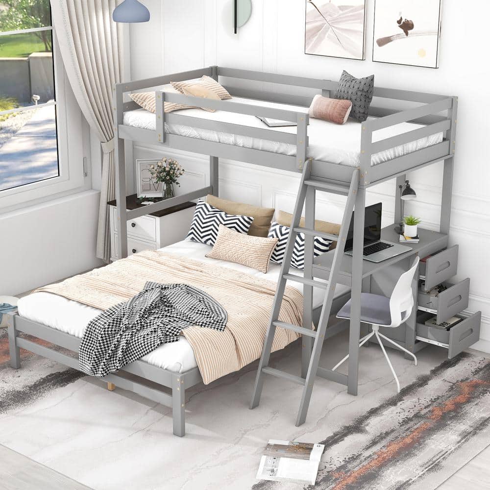 Harper & Bright Designs Gray Twin over Full Wooden Bunk Bed with Built-in Desk, 3 Drawers and Ladder - 1