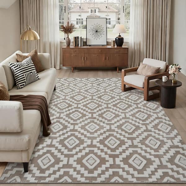 8 ft. x 10 ft. Brown/White Modern Diamond Geometric Washable Microfleece Area Rug