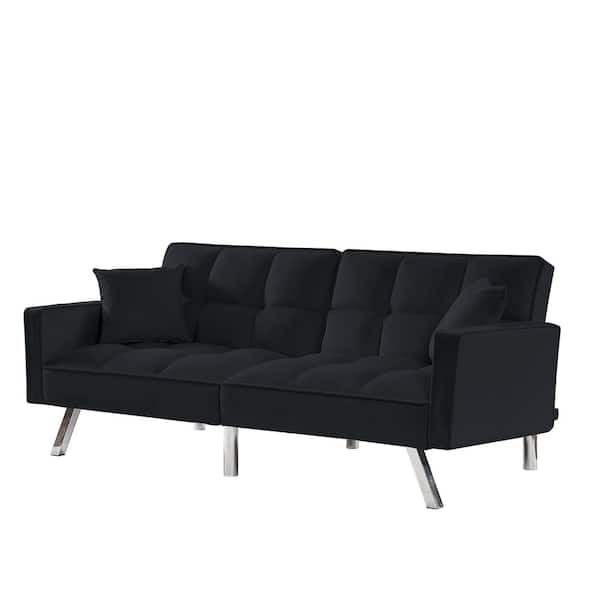 Z-joyee 74.41 in. Black Velvet 2-Seats Loveseats Velvet Sofa Couch Bed with Armrests and 2 Pillows