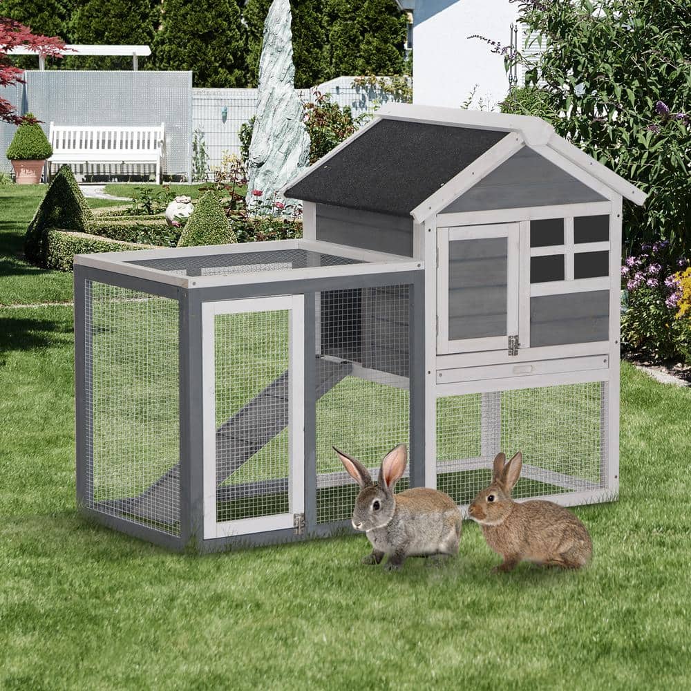 Grey Wooden Outdoor Rabbit Hutch with Enclosed Run
