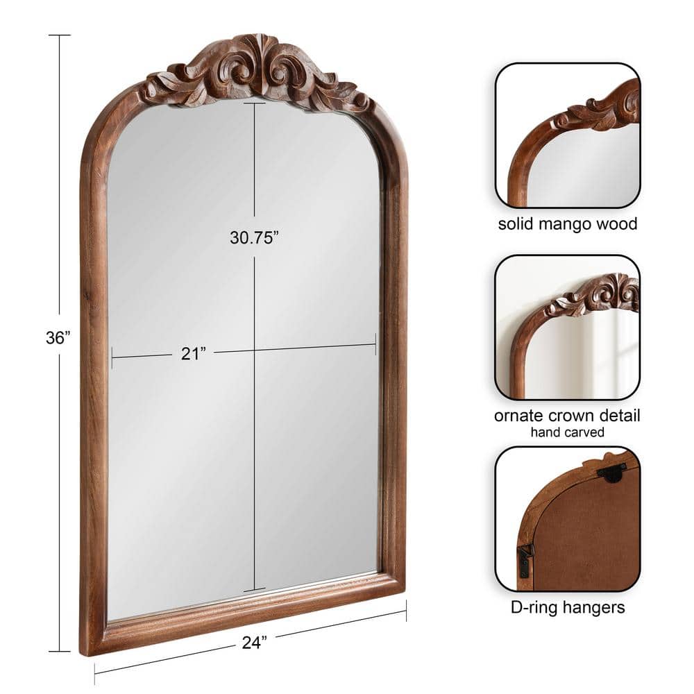 Walnut Brown Baroque-Inspired Wooden Arched Vanity Mirror 24x36