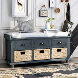 19 in. H x 42 in. L x 15 in. W Rustic Antique Navy Storage Bench with 3-Drawers 3-Rattan Baskets