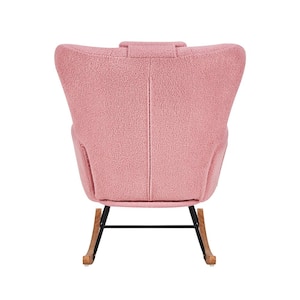 Pink Nursery Rocking Chair, Teddy Fabric Upholstered Glider Rocker with Headrest High Backrest, Rocking Accent Chair