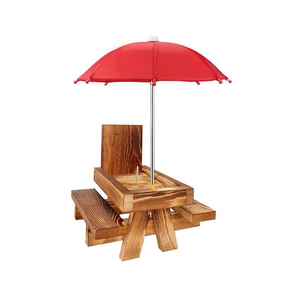 8.3in Rustic Brown Rectangle Wood Picnic Tables Seating Capacity 2 with Tall Red Umbrella and Corn Holder