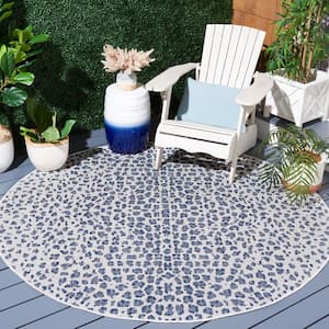 Courtyard Ivory/Navy Doormat 3 ft. x 3 ft. Round Cheetah Geometric Indoor/Outdoor Area Rug